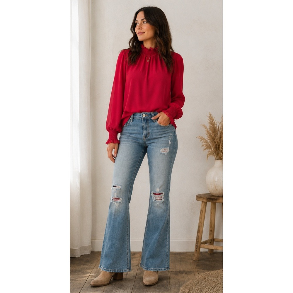 Vince Camuto Red Ruffle Blouse Long Sleeve Top M Romantic Quiet Luxury eminine